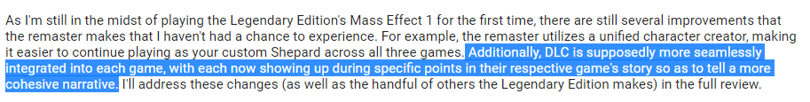 GameSpot: Mass Effect: Legendary Edition Review in Progress.

This is the first confirmation I've seen of story DLC being seamlessly integrated into each game. If accurate, this is very good, imho.

gamespot.com/articles/mass-…