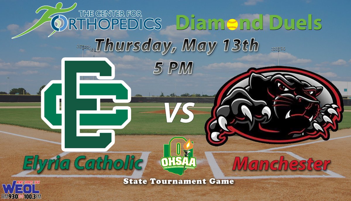 GAMEDAY on WEOL!🥎

Tonight's Center for Orthopedics Tournament Diamond Duel⬇️

Elyria Catholic @ECPsoftball <a href="/ECHSAthletics/">Elyria Catholic Athletics</a> 
vs.
Akron Manchester <a href="/ManchesterSoft1/">MHS_Softball</a> <a href="/AkronMHSSports/">MHS Panthers Sports</a> 

 📍: Elyria Catholic HS
⏰: 5 PM
📻: AM 930 &amp; 100.3 FM
💻: WEOL.com "Stream 1"