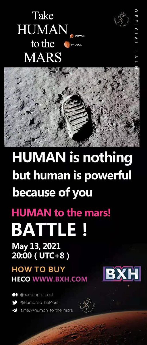 Take Human to the Mars battle begins 🚀

💰 How to buy $HUMAN (Heco): bxh.com
📅 When: 13th May 2021
⏰ Time: 20:00 (UTC+8) 

<a href="/elonmusk/">Elon Musk</a> Time to support Humans 💪

<a href="/BXH_Blockchain/">BXH</a>
#HumanToTheMars #ElonMusk #Cryptocurrency #Blockchain #CryptoNews #Crypto #Mars