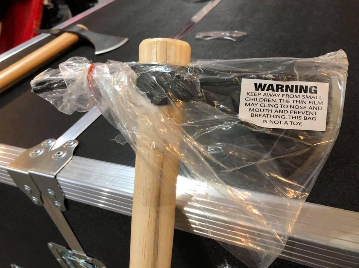 m_tisserand's tweet image. Spike-poled tomahawk comes with ... a warning about the bag. 

Via @DangerCommittee