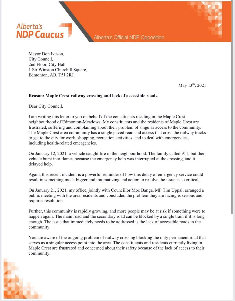 JasvirDeol_'s tweet photo. Today, I have written to Edmonton City Council, regarding the issue of lack of accessible roads in Maple Crest neighbourhood of Edmonton-Meadows. Here is my letter👇:

#ableg #abpoli #yeg #EdmontonMeadows #YegMeadows #MapleCrest https://t.co/8KfrEZGF3G