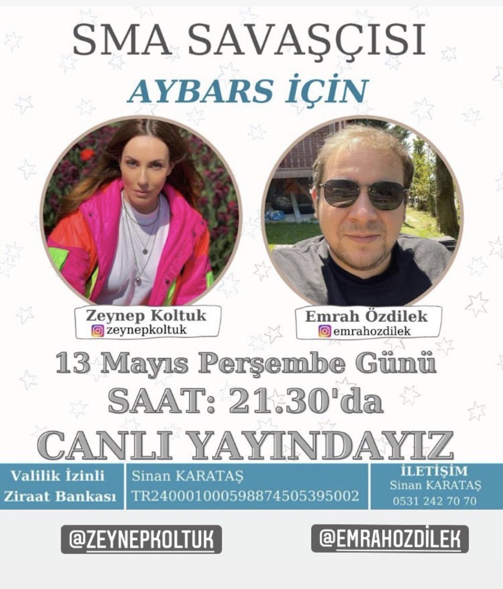 Bu akşam 21:30’da  <a href="/Sma_Aybars/">AYBARS SMA Tip1</a> kuzusu için <a href="/emrahozdilek/">Emrah Özdilek</a> ile instagramda canlı yayında olacağız. Her tür bağış ve destek yapacağını düşündüğünüz kurum kuruluş ve kişilere yayrak sesimizi duyurmamıza yardım eder misiniz🙏🏻😇 <a href="/ahbapplatformu/">Ahbap Platformu</a> <a href="/forzabesiktas/">çArşı</a>