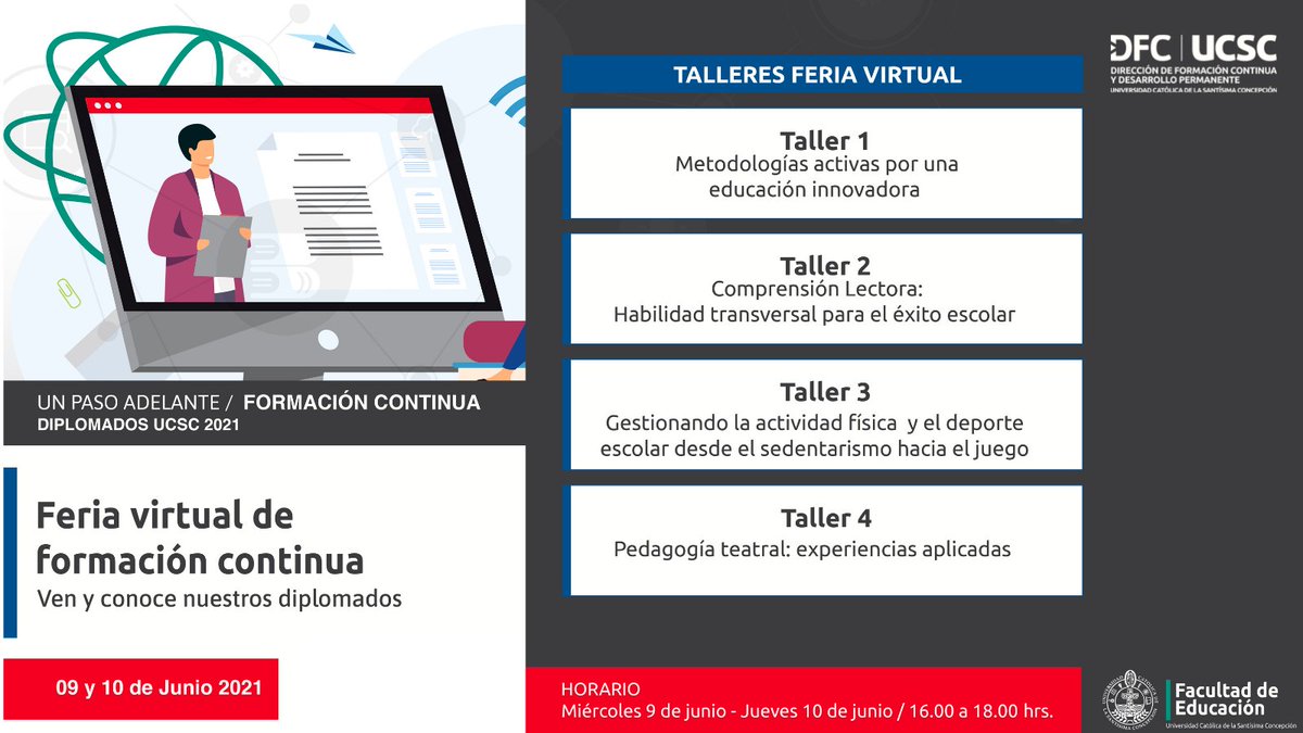 ATENCIÓN PROFESORES| Te invitamos a conocer nuestros diplomados en el área Educación por medio de cuatro talleres que hemos preparado para ti.
👉Inscripción en: bit.ly/feria_educació…👈
📅 9 y 10 de junio (cupos limitados)
⌚️16:00 horas