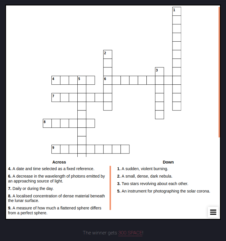 SpacecoinSPACE's tweet photo. Come play the latest crossword puzzle for a chance to win 300 $SPACE.

https://t.co/lrZjIWEaQW

#space #spacecoin #crossword #puzzle https://t.co/YcHBpSsO1b