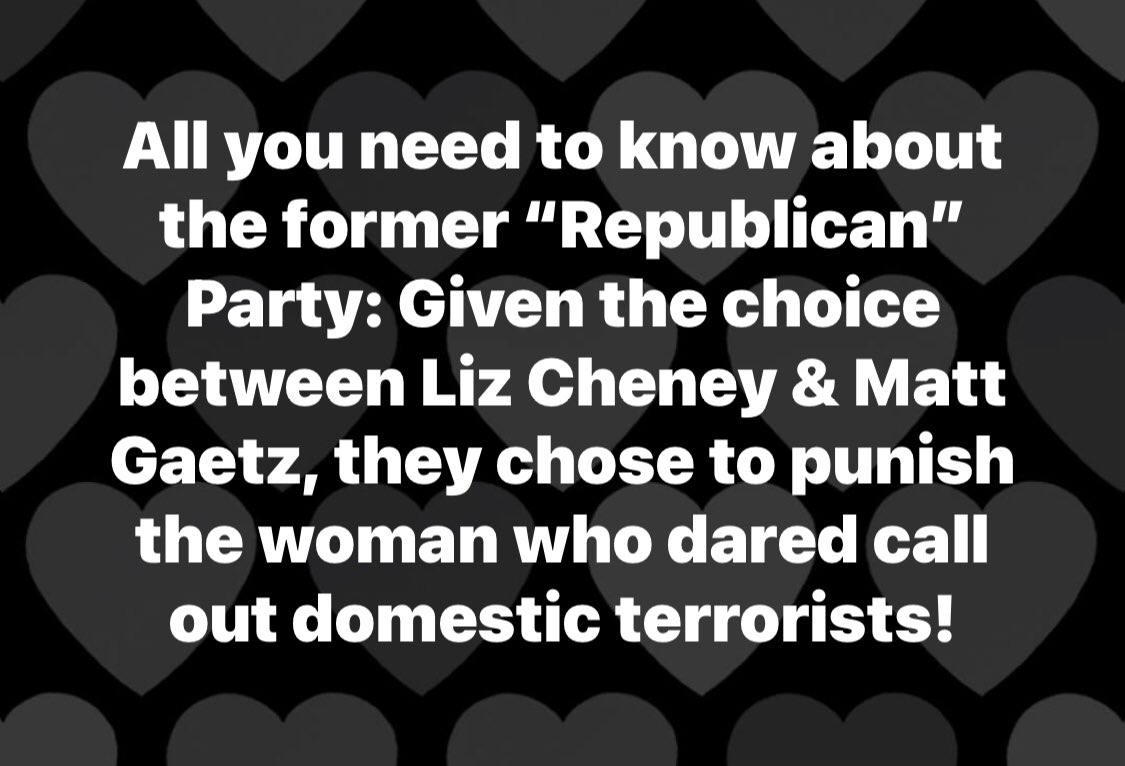 UnbrokenOne1962's tweet photo. Where political/social issues are concerned, Cheney &amp; Gaetz are two rancid peas in a moldy pod, and I’d struggle mightily to find an area of agreement with either of them, but one thing you have to give her: She knows an insurrection when she sees one! https://t.co/Mjk8FATxWa