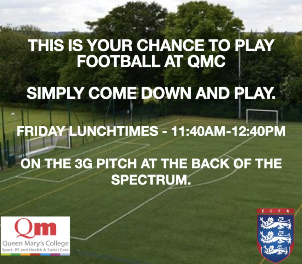 *ANNOUNCEMENT*

STARTING ON THE 14TH MAY (TOMORROW); YOU WILL BE ABLE TO PLAY FOOTBALL ON THE 3G PITCH AT LUNCHTIME BETWEEN 11:40am and 12:40pm.