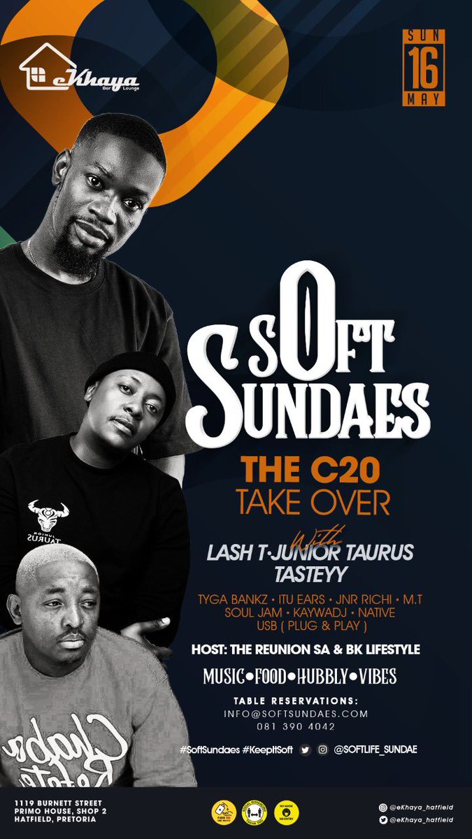 slcmusiq's tweet photo. This weekend is gonna be A MEZZA! We have @DJLash_T along side @juniortaurus x @Tasteyy__ for #C20TAKEOVER ๐ฅ
๐: @ekhaya_hatfield x @softlife_sundae
Donโt miss out!
#SoftSundae
#C20TAKEOVER
#SoftLife https://t.co/4kuN0jcfTJ