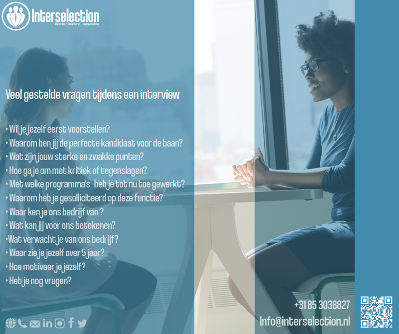 interselection's tweet image. Veel gestelde vragen tijdens een interview
#werk #solliciteren #job #baan #werken #recruitment #uitzendbureau #nieuwebaan #werkenbij #jobs #nieuweuitdaging #work #werkzoekende #personeel #sollicitatie #droombaan
achtergrond foto: christina@wocintechchat.com