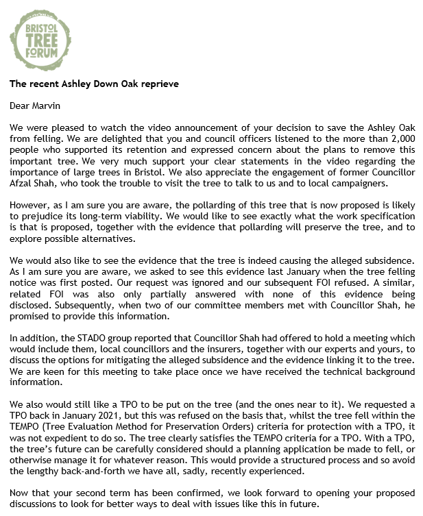 BristolTreeFora's tweet photo. After @MarvinJRees confirming that the Ashley Down Oak has been reprieved, we have sent this email asking for more information about the pollarding/pruning proposals and to see why the tree has been implicated as the cause of the nearby subsidence. 
FYI @AshleyDownOak @BirdgirlUK https://t.co/7jws1xZjGE