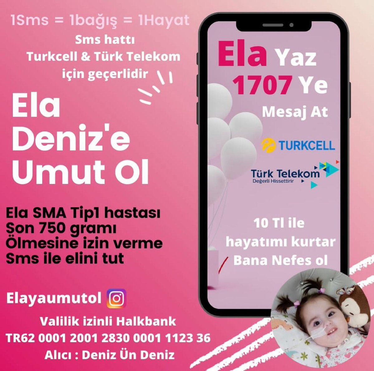 Ela Deniz 2.5 yaşında bir bebek ve Sma Tip 1 hastalığıyla savaşıyor. 

Ela Deniz'in yaşaması için elinden tutmamıza ve desteğimize ihtiyacı var. Haydi, sen de Ela Deniz'e destek ol! 

instagram.com/elayaumutol?ig…

#ultrAslan