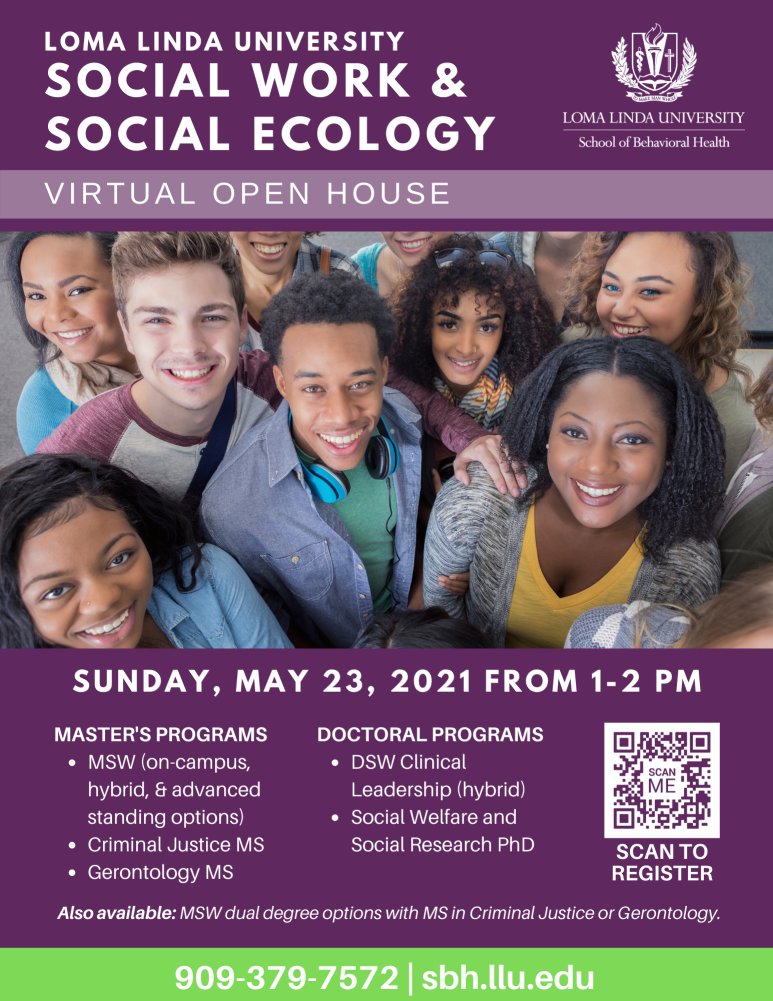 LLUSBH's tweet photo. You're invited to a virtual open house for the Department of Social Work &amp; Social Ecology on Sunday, May 23! Register here: https://t.co/yrg1ymAnTz. #lluSocialWork https://t.co/D2KBIevEr1