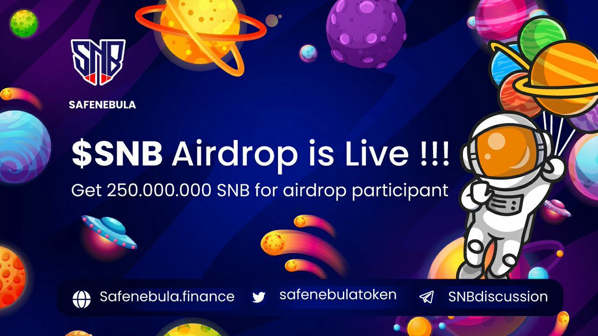 🤖 Airdrop Link t.me/SNBairdropBot

🔥 25,000,000 $SNB for each referral 

Airdrop Tasks:
✅ Join telegram group &amp; channel
✅ Follow Twitter page
✅ Retweet &amp; tag 3 friends
✅ Subscribe YouTube Channel

🔐 Ends on May 24, 2021

🏆 Distribution begins June 01, 2021