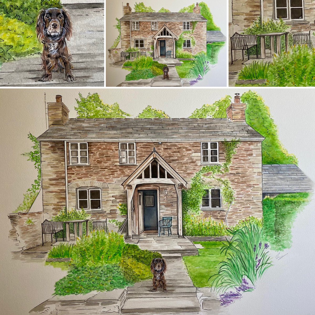 Meet ‘Fluff’ outside her holiday cottage! Loved #drawing this as a #surprisepresent #DogsofTwittter #cutedog #cottageart #artistsontwitter #Watercolour #painting #art #idea #uniquegifts #drawmyhouse #sketch