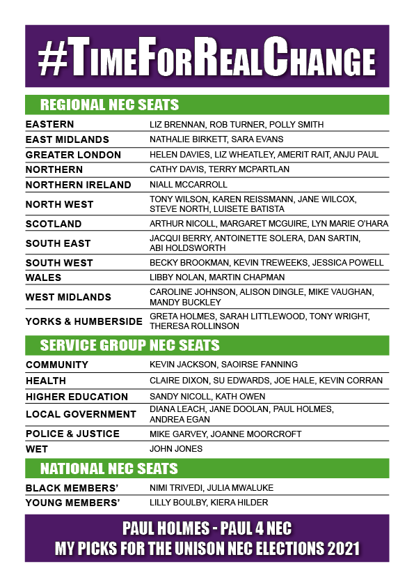 tfrc_unison's tweet photo. It's #TimeForRealChange in #UNISON and these candidates stand for that in the upcoming NEC elections. Please pin this message to your social media profile and help spread the word! #Paul4NEC #TheMembersCandidate https://t.co/wtHtuckiDV