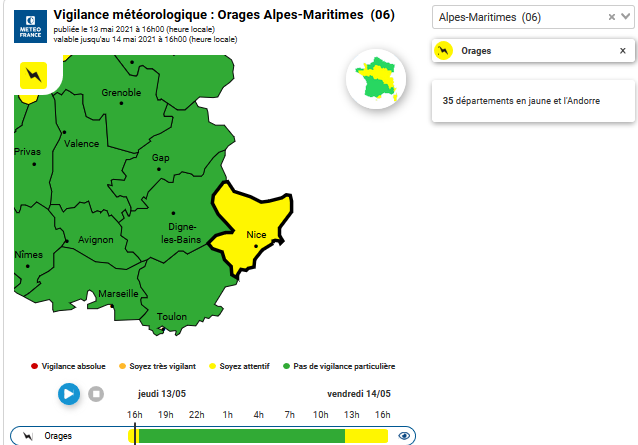 prefet06's tweet photo. 🌩️Vigilance jaune « orages » pour un épisode attendu vendredi 14 mai 2021 entre 12h et 18h sur les montagnes, en particulier sur le Mercantour.  
Averses orageuses, accompagnées de rafales de vent et de fortes intensités pluvieuses pouvant atteindre 20 mm, attendues. https://t.co/QeYgFnN7ZK