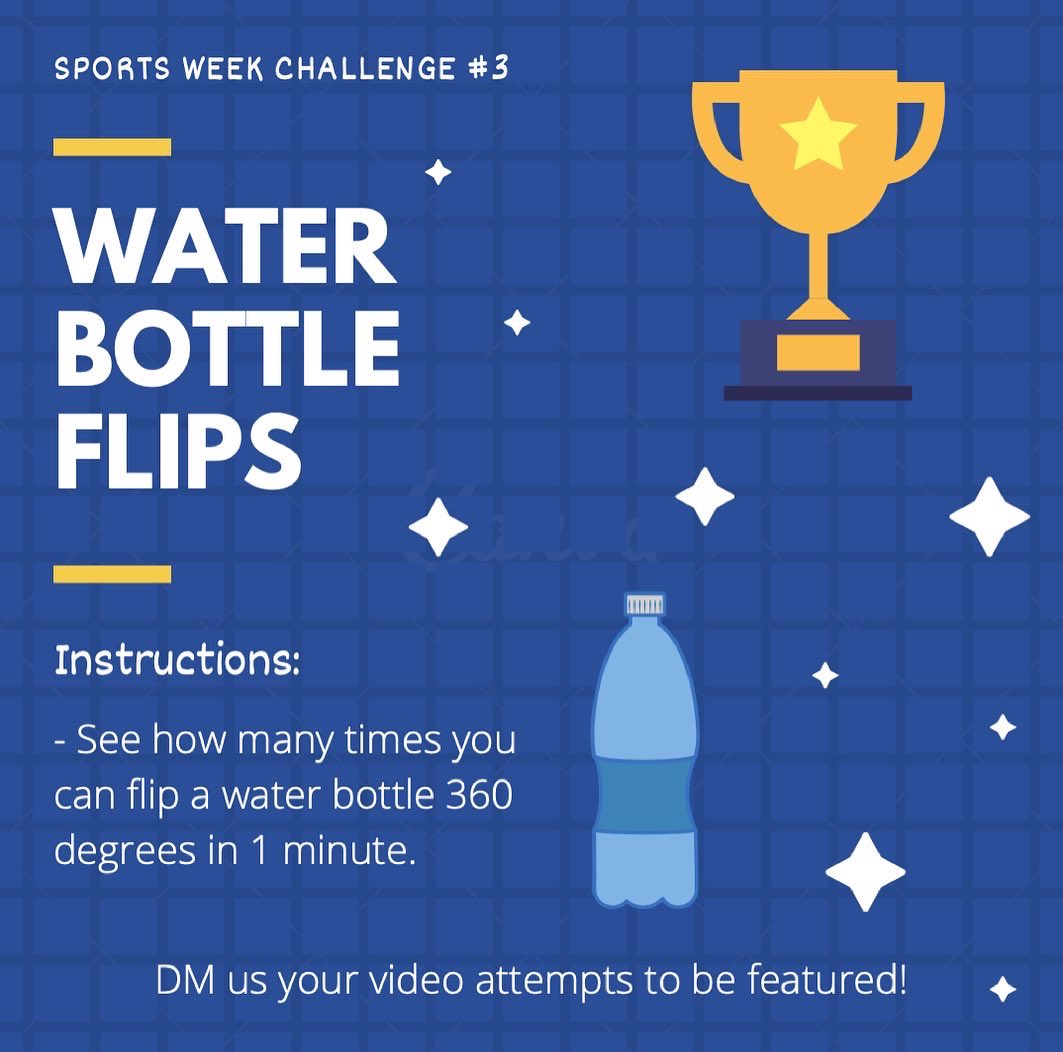 Day 4 of Sports Week and Athletic Council presents to you challenge #3: the water bottle flip challenge! Check out the Instagram to see some AC members showing their attempts! Good luck lions and be sure to send in your video attempts to the Instagram! 🏆