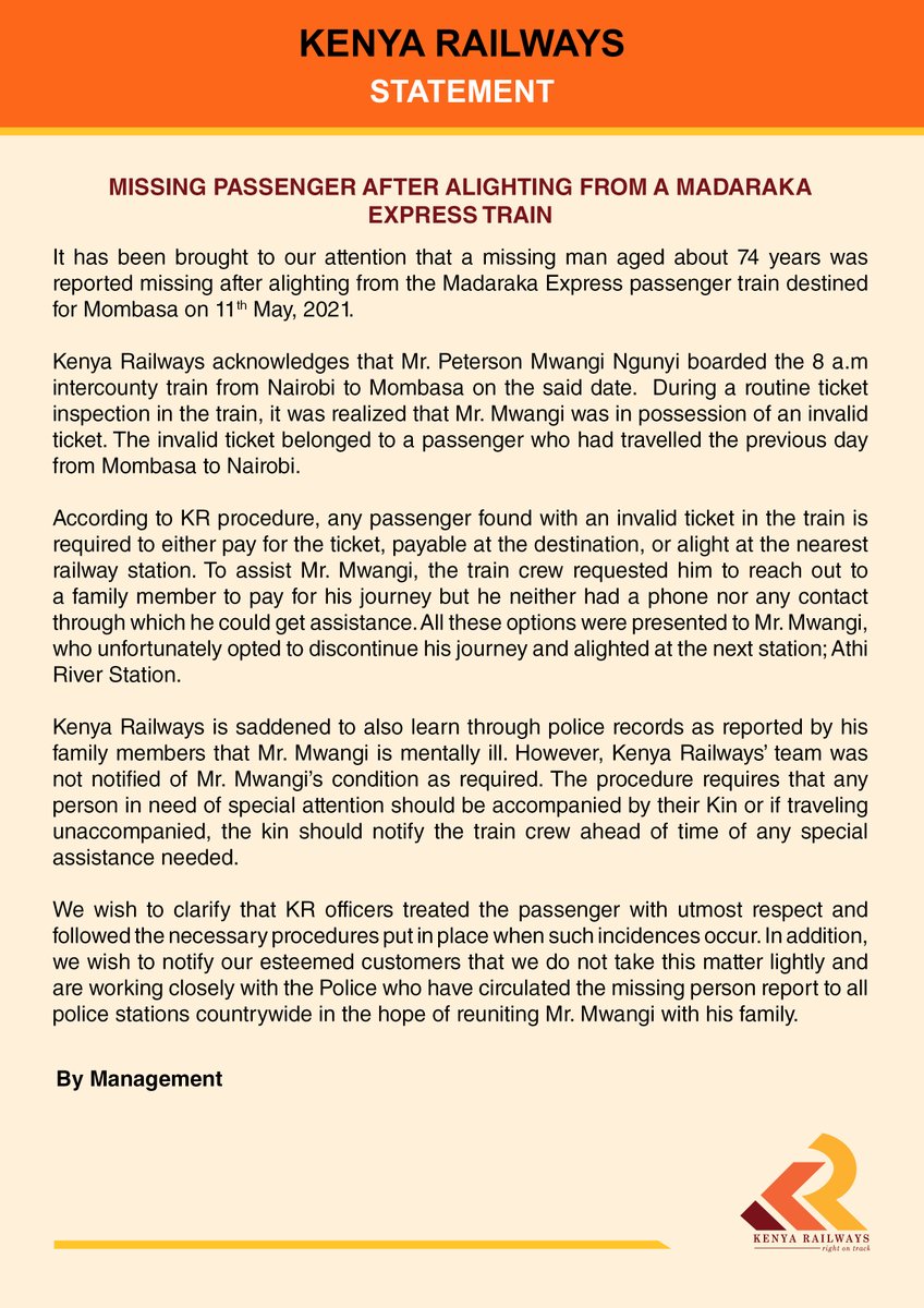 KenyaRailways_'s tweet photo. 𝗦𝘁𝗮𝘁𝗲𝗺𝗲𝗻𝘁 : 𝗠𝗶𝘀𝘀𝗶𝗻𝗴 𝗣𝗮𝘀𝘀𝗲𝗻𝗴𝗲���� 𝗔𝗳𝘁𝗲𝗿 𝗔𝗹𝗶𝗴𝗵𝘁𝗶𝗻𝗴 𝗳𝗿𝗼𝗺 𝗮 𝗠𝗮𝗱𝗮𝗿𝗮𝗸𝗮 𝗘𝘅𝗽𝗿𝗲𝘀𝘀 𝗧𝗿𝗮𝗶𝗻 https://t.co/KFvoXoar9y
