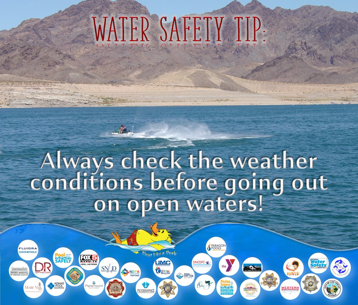 Duckieparagon's tweet photo. Always check the weather conditions before going out
on open waters! #boating #waterskiing #jetskis #watersafetymonth #watersafetytips #openwaters #checktheweather #floatlikeaduck @NWSVegas @LakeMeadNPS_ @tedpretty @CassandraJFOX5 @FOX5Vegas @MayisNWSM @drownalliance @ThePHTA https://t.co/J2LEBRC5bW