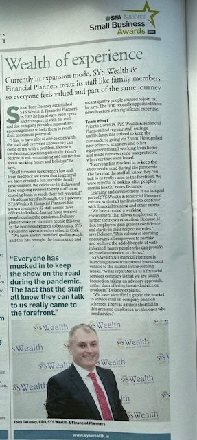 SYSWealth's tweet photo. Delighted with the article that the @Independent_ie   wrote up for us here at @sys_wealth last week. We were elated to reach the final of the Small Firms Association Awards, and even more so after having our hard work recognised.

#businessawards
#sfai
#syswealth https://t.co/LRI7rpQ9UY