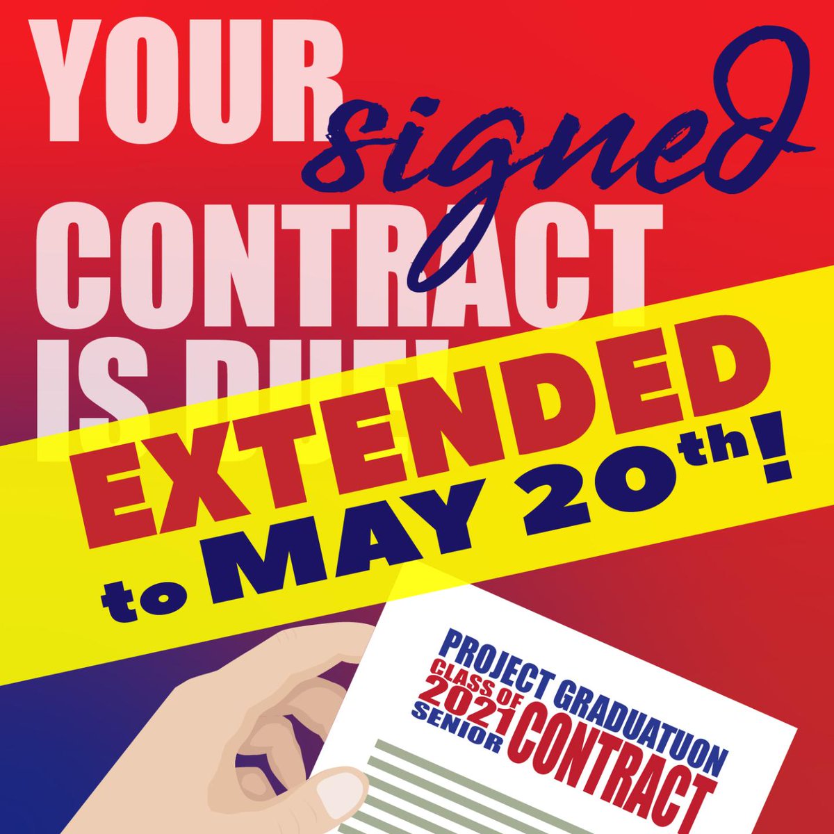 GHSProject_Grad's tweet image. EXTENDED!!  Due date to submit contracts for Project Graduation has been extended to May 20th. 
Any contracts submitted after May 20th or Walk-ins will not be eligible for prizes or the Car Drawing.
Click below to submit your contract 
bit.ly/2MhodnJ