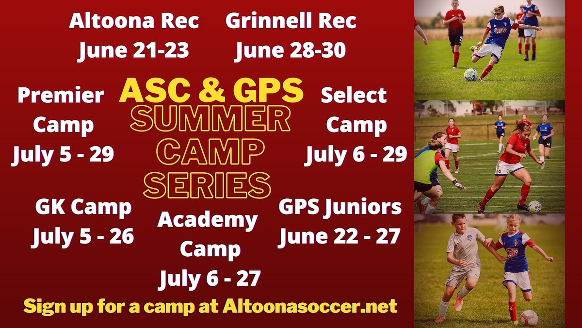 ASC &amp; GPS Iowa Summer Camp Series - An opportunity for all players to get involved this summer! ☀️⚽️

For more details visit: altoonasoccer.demosphere-secure.com/tournaments-ca…