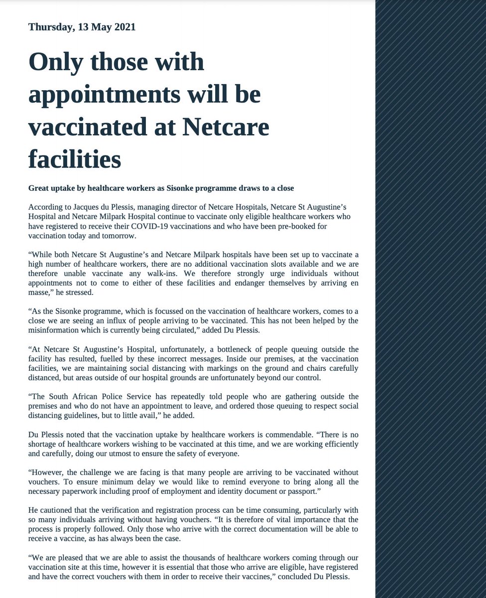 Netcare Hospitals, Netcare St Augustine’s Hospital and Netcare Milpark Hospital continue to vaccinate only eligible healthcare workers who have registered to receive their COVID-19 vaccinations and who have been pre-booked for vaccination. bit.ly/2QglzRd