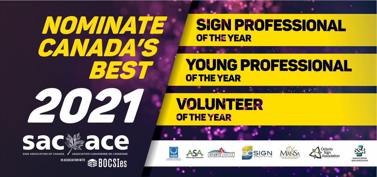 SACACE's tweet photo. The nominations for the 2021 Sign Association of Canada awards are now open! Nominate an industry peer for Volunteer of the Year, Young Professional of the Year or the Sign Professional of the Year award now: https://t.co/nu1ooe1FXV
#signs #signindustry #signawards https://t.co/RQqIO9NdoG