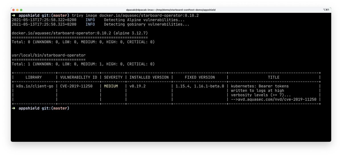 d_pacak's tweet image. Trivy v0.18.0 by @AquaSecTeam can now detect vulnerabilities in Go binaries and we&apos;re definitely going to use it for scanning all our open source projects in the CI workflow. Here we captured a medium CVE in the container image of the Starboard Operator. Stay safe, scan with us!