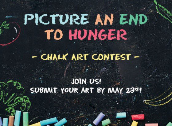 Picture an end to hunger: chalk art contest for Alameda County Community Food Bank, enter by May 23rd. Draw these themes: Food is a basic human right; Emerging stronger together; Nourishing hopes and dreams. Details: accfb.org/chalkart