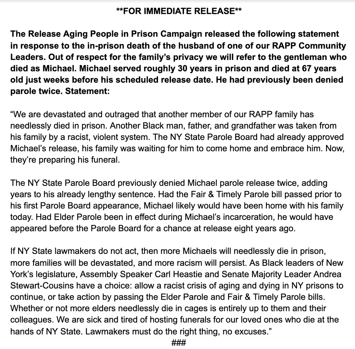 RAPPcampaign's tweet photo. BREAKING: The husband of one of our RAPP Community Leaders has died in the NY State prison system. He was 67 years old and served 30 years. He had already been granted parole and was weeks away from his release. We are devastated and outraged. We demand #ParoleJusticeNY (1/3) https://t.co/MrOMLgFomV