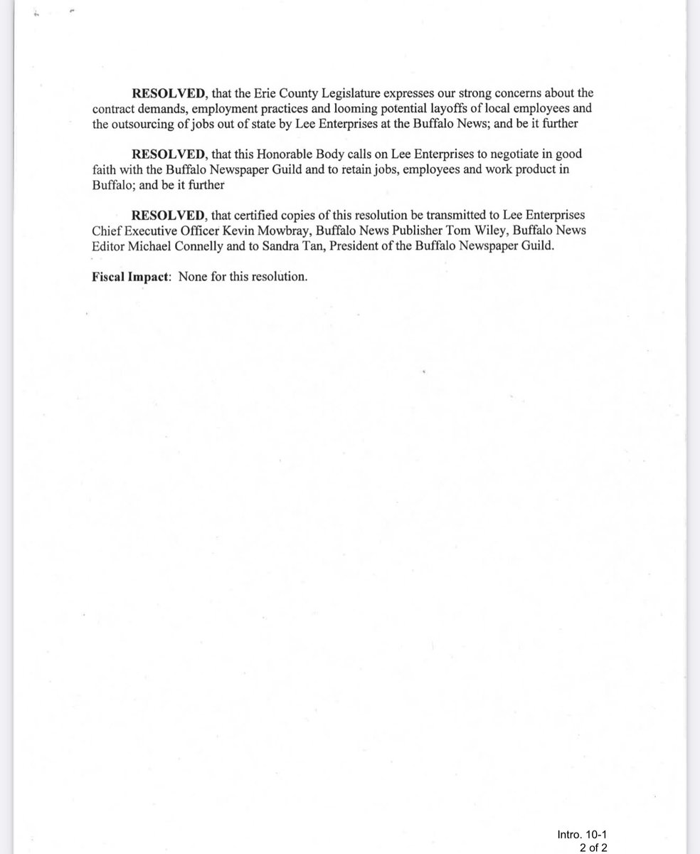 BuffaloGuild's tweet photo. The Buffalo Newspaper Guild thanks the Erie County Legislature for its  unsolicited and unanimous support today, and for recognizing the need to protect local journalism as we fight for a fair contract with @LeeEntNews and @TheBuffaloNews.

To learn more: https://t.co/QTccYZrYDB https://t.co/TEi27ZOLU4