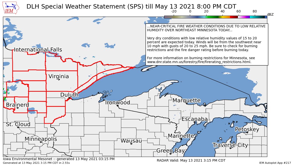NEAR-CRITICAL FIRE WEATHER CONDITIONS DUE TO LOW RELATIVE HUMIDITY OVER NORTHEAST MINNESOTA TODAY for Carlton/South St. Louis, Central St. Louis, Crow Wing, Koochiching, North Cass, North Itasca, North St. Louis, Northern Aitkin, Nor... till 8:00 PM CDT https://t.co/zTNaMLDLqN https://t.co/6r5RfGtNXI