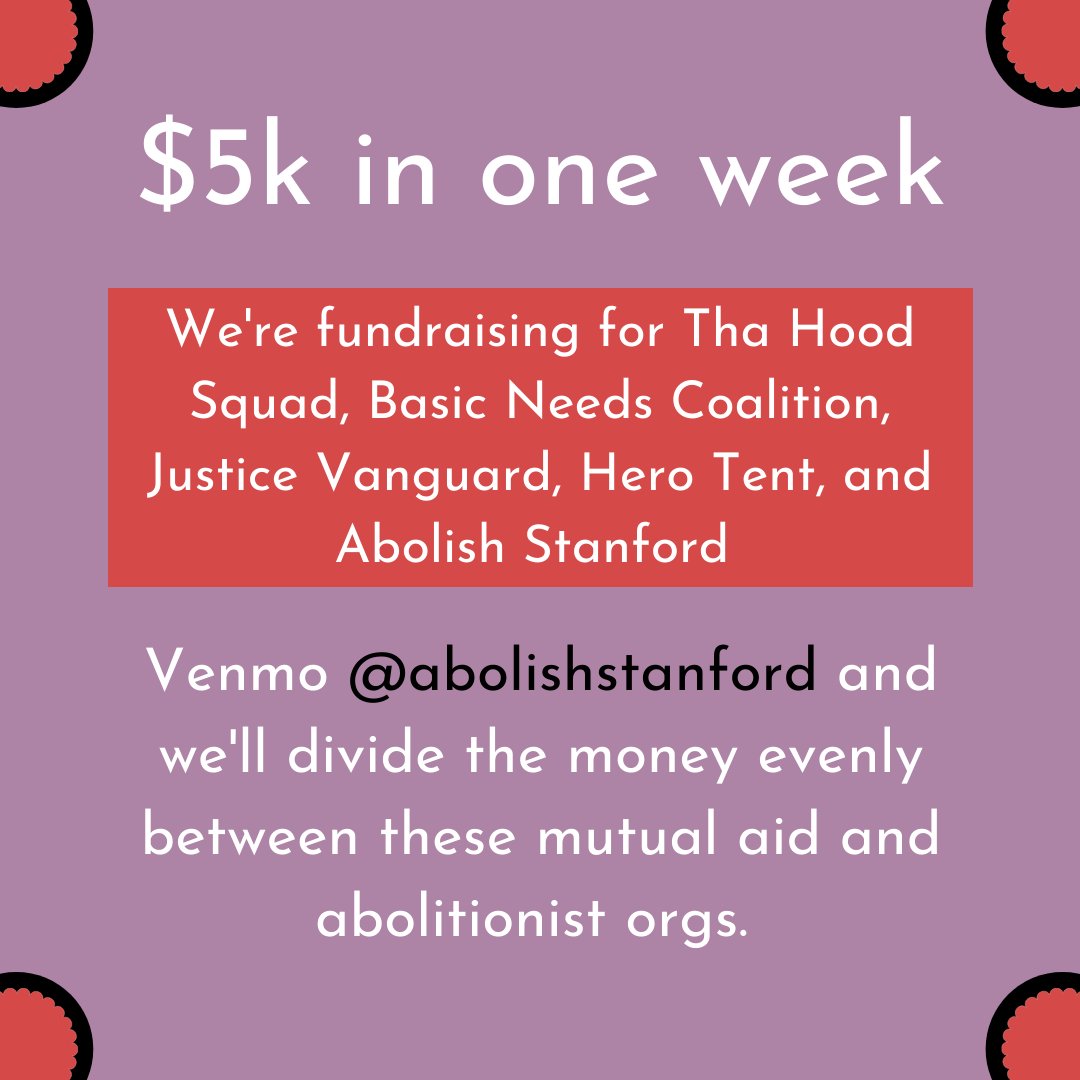 From today thru next thurs, we are fundraising for 5 groups on and off campus: <a href="/thahoodsquad/">thahoodsquad</a> , Justice Vanguard, <a href="/SUBasicNeeds/">Basic Needs At Stanford</a>, <a href="/hero_tent/">HERO Tent</a> , &amp; ourselves. Each group in this fundraiser will be spotlit in the next few days, so keep following to learn about the amazing work they do!