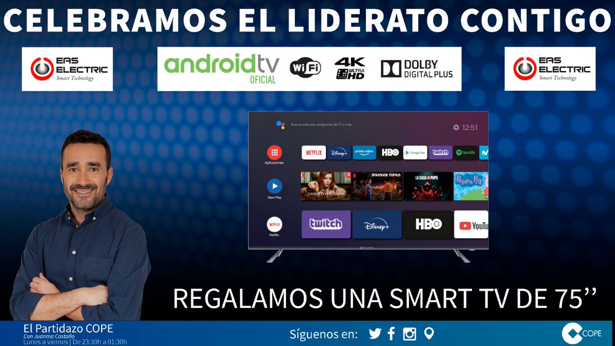 El Partidazo de COPE (@partidazocope) on Twitter photo 🎁 ¡REGALAMOS OTRA TELE!
📺 ¿Quieres una Smart TV <a href="/EasElectric_es/">Eas Electric</a> de 75 pulgadas 4K y ULTRA HD?
📲 Sigue estos 3 pasos:
👉 Sigue a <a href="/partidazocope/">El Partidazo de COPE</a>
🔁 Haz RT
🖊️ Escríbenos un comentario utilizando #ElPartidazoLaRompe
😋 ¡Celebramos el Nº1 en audiencia contigo! 🎁 ¡REGALAMOS OTRA TELE!
📺 ¿Quieres una Smart TV <a href="/EasElectric_es/">Eas Electric</a> de 75 pulgadas 4K y ULTRA HD?
📲 Sigue estos 3 pasos:
👉 Sigue a <a href="/partidazocope/">El Partidazo de COPE</a>
🔁 Haz RT
🖊️ Escríbenos un comentario utilizando #ElPartidazoLaRompe
😋 ¡Celebramos el Nº1 en audiencia contigo!