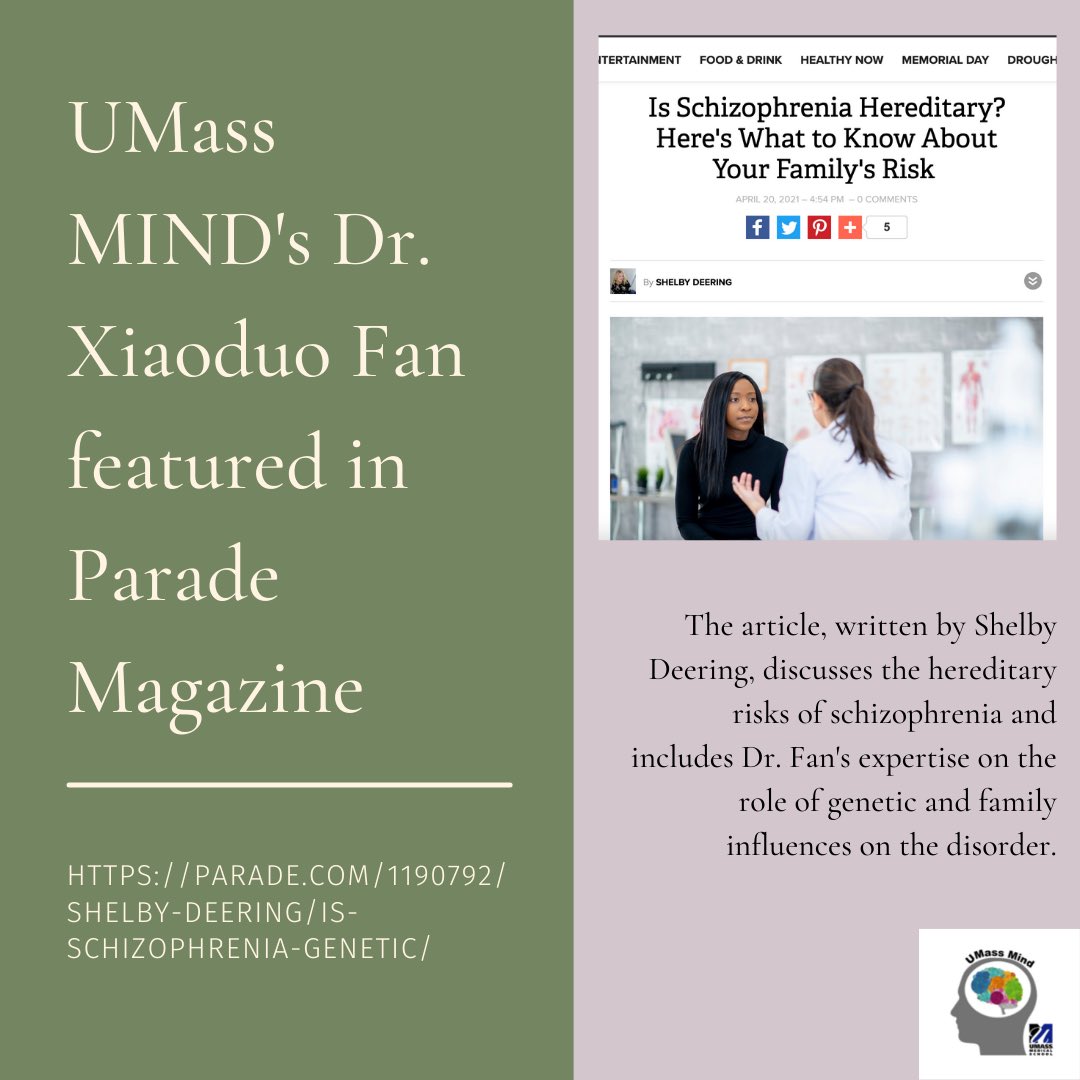 UMassMind's tweet photo. Umass MIND’s Dr. Xiaoduo Fan was recently featured in Parade Magazine. In the article, he offered his expertise on the role of genetic and family influences on schizophrenia. #parade #magazine #schizophrenia #mentalhealth #awareness #beautifulminds https://t.co/iBVc8fYWU4