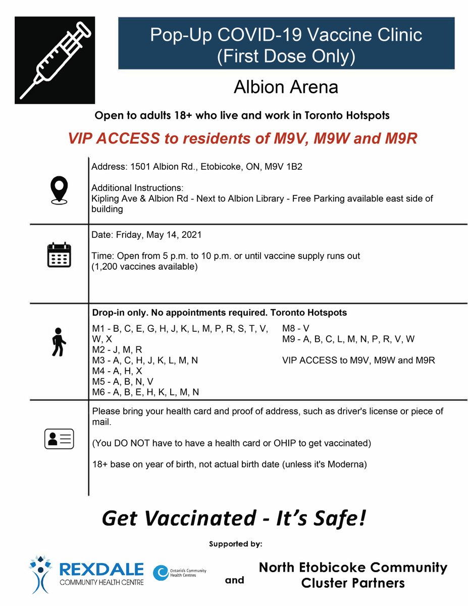 Sinai Health Our Drop In Vaccine Clinic At Albion Arena 1501 Albion Rd Is Open Friday May 14 From 5 10 P M And Saturday May 15 From 12 8 P M Eligibility 18 Born