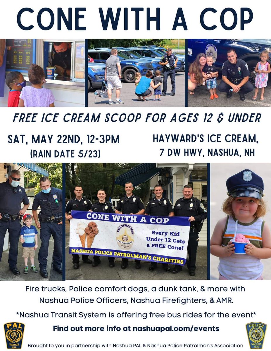 NashuaPAL's tweet photo. Next weekend at @HaywardsIC! This is definitely going to be a super family fun event. Lots of info to come this week- stay tuned! @NashuaPolice @Local_789 @nashuafire
@AMRNashuaNH @Ridebigblue @RivUniversity
#CopsKidsCommmunity #PoliceAndFire #IceCreamDreams #EveryKidDeservesAPAL https://t.co/RZv0lNMVqp
