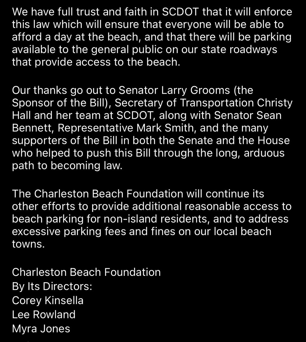 freechsbeaches's tweet photo. The Charleston Beach Foundation is pleased to announce that Bill S.40 has now received its Third Reading and approval in the SC House of Representatives, and will be sent on to the Governor for signature to be enacted into law!⁣ ⁣#FreeCHSBeaches
⁣
Keep reading the attached! https://t.co/OV1qnCZh9b