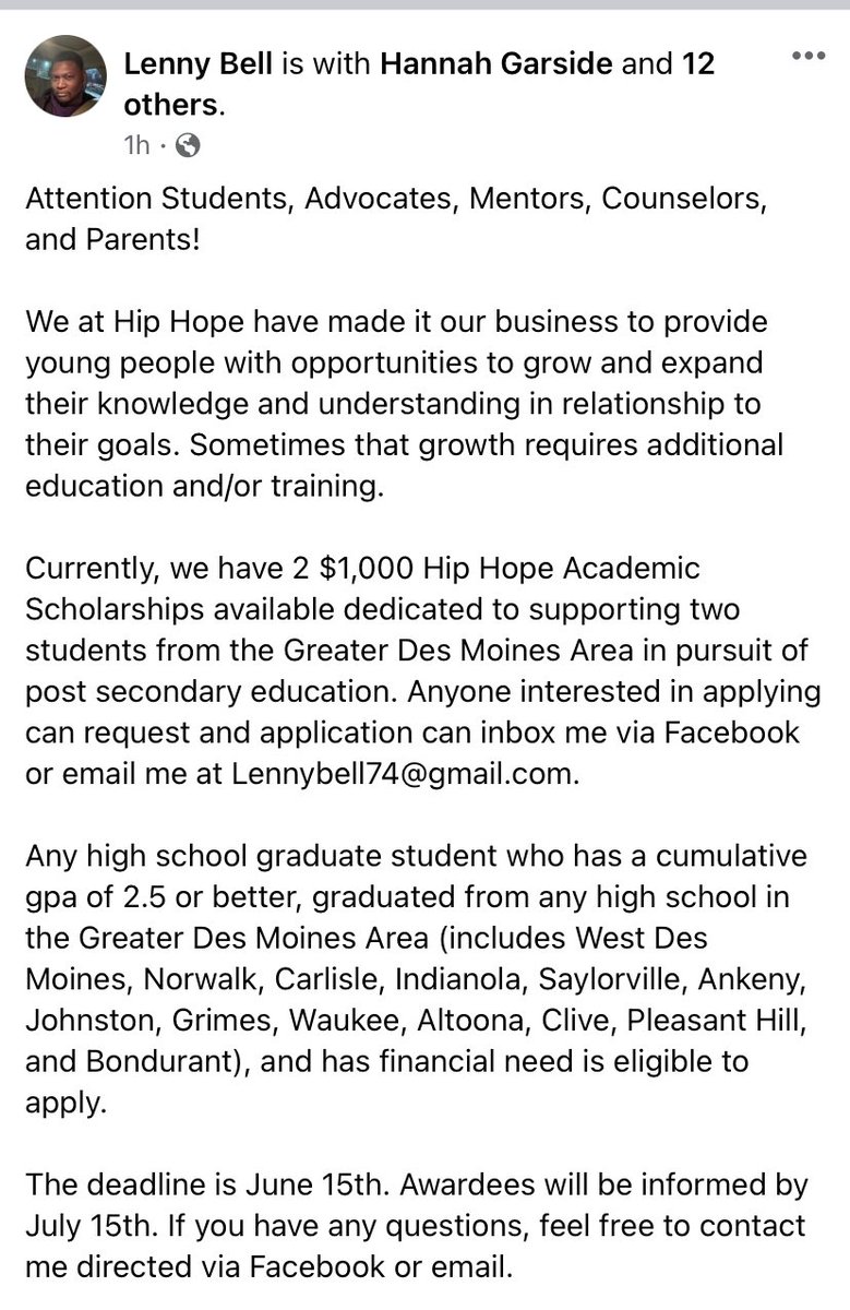SCHOLARSHIP ALERT: hip hope <a href="/DSMRoosevelt/">Des Moines Roosevelt</a>