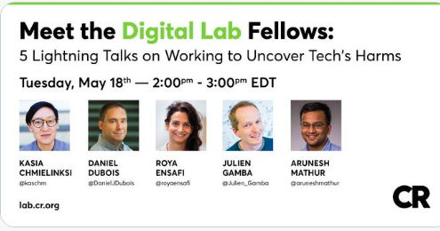 proper_data's tweet photo. Interested in learning more about #privacy behaviors of connected devices? @DanielJDubois, postdoctoral researcher @Northeastern and Digital Lab Fellow @ConsumerReports is part of a panel that will present digital consumer protection research, 5/18. https://t.co/XdRsQHbFSD https://t.co/IaxDmpBSDd