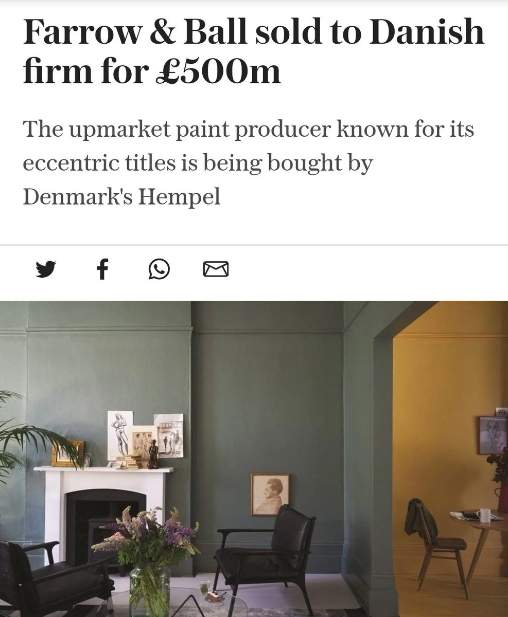 British paint maker <a href="/FarrowBall/">Farrow & Ball</a> has been snapped up by a Danish company Hempel for £500m as an increase in home working during the pandemic fuels demand for interior design changes. <a href="/Telegraph/">The Telegraph</a> <a href="/TelegraphNews/">Telegraph Breaking News</a>