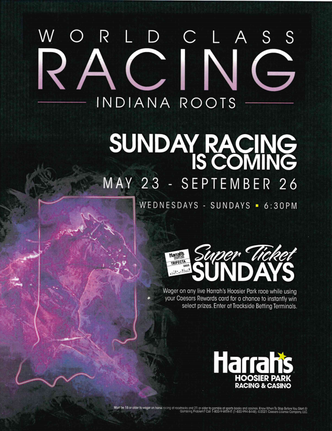 Harness_RonP's tweet photo. Sunday racing begins at Harrah's Hoosier Park on May 23, 2021!!!
6:30pm EST post time
Be a part of the live harness racing action!!
Enjoy dining in the Homestretch Clubhouse with a view of the whole track!!!
#AndersonIN #GreenfieldIN #NewCastleIN #PendletonIN #NoblesvilleIN https://t.co/IlCW8mC1PR