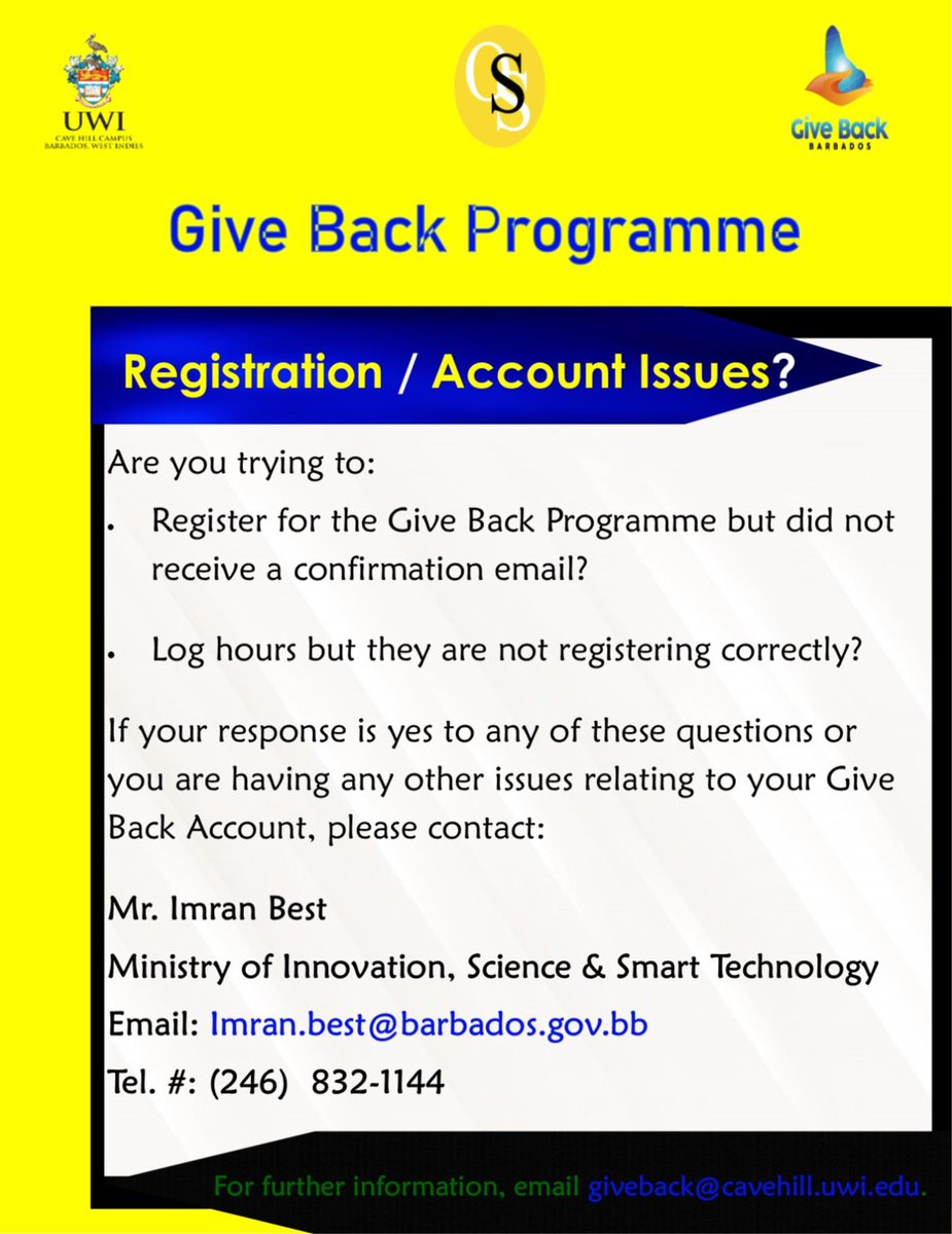 If you are experiencing problems with your Give Back Programme Account.
 
Please refer to the information on this poster.

#UWI #UWICaveHill #OSS