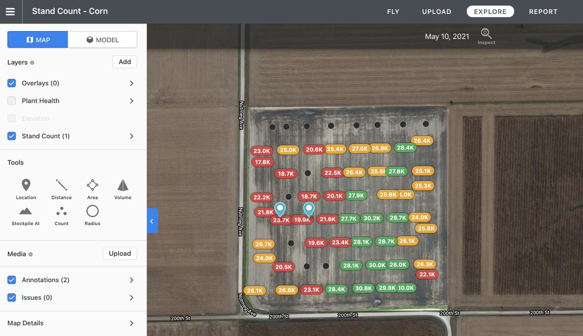 DroneDeploy's tweet photo. Our #Agriculture Account Executive, Kyle Miller, captured a 40-acre field using DroneDeploy Stand Assessment. Check out the early (V1-V2) stand counts! 🌽 https://t.co/h3hVvrTg5v #plant21 #DDstandcount https://t.co/IF0218Oe5a