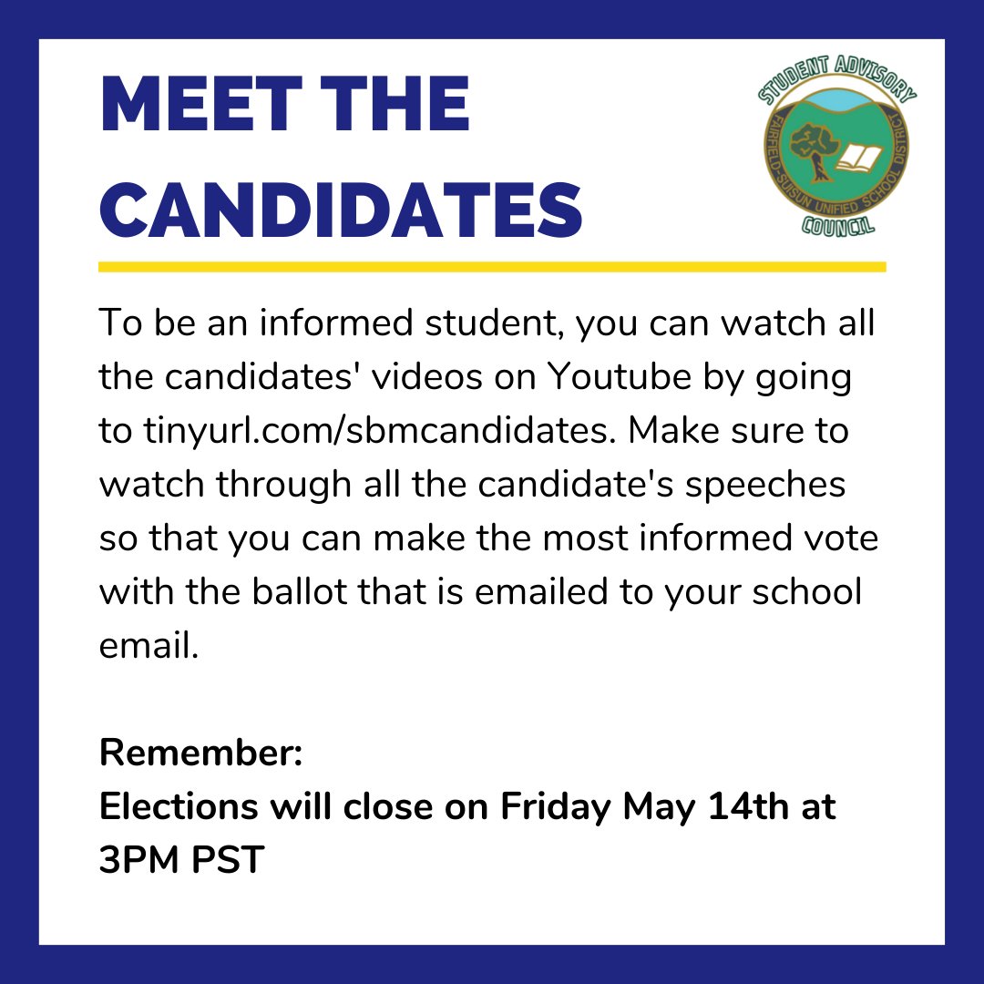 Cadets in grades 5 - 12 have the opportunity to vote for their favorite candidate for the FSUSD Student Board Member.  Check out the candidate speeches and cast an informed vote!