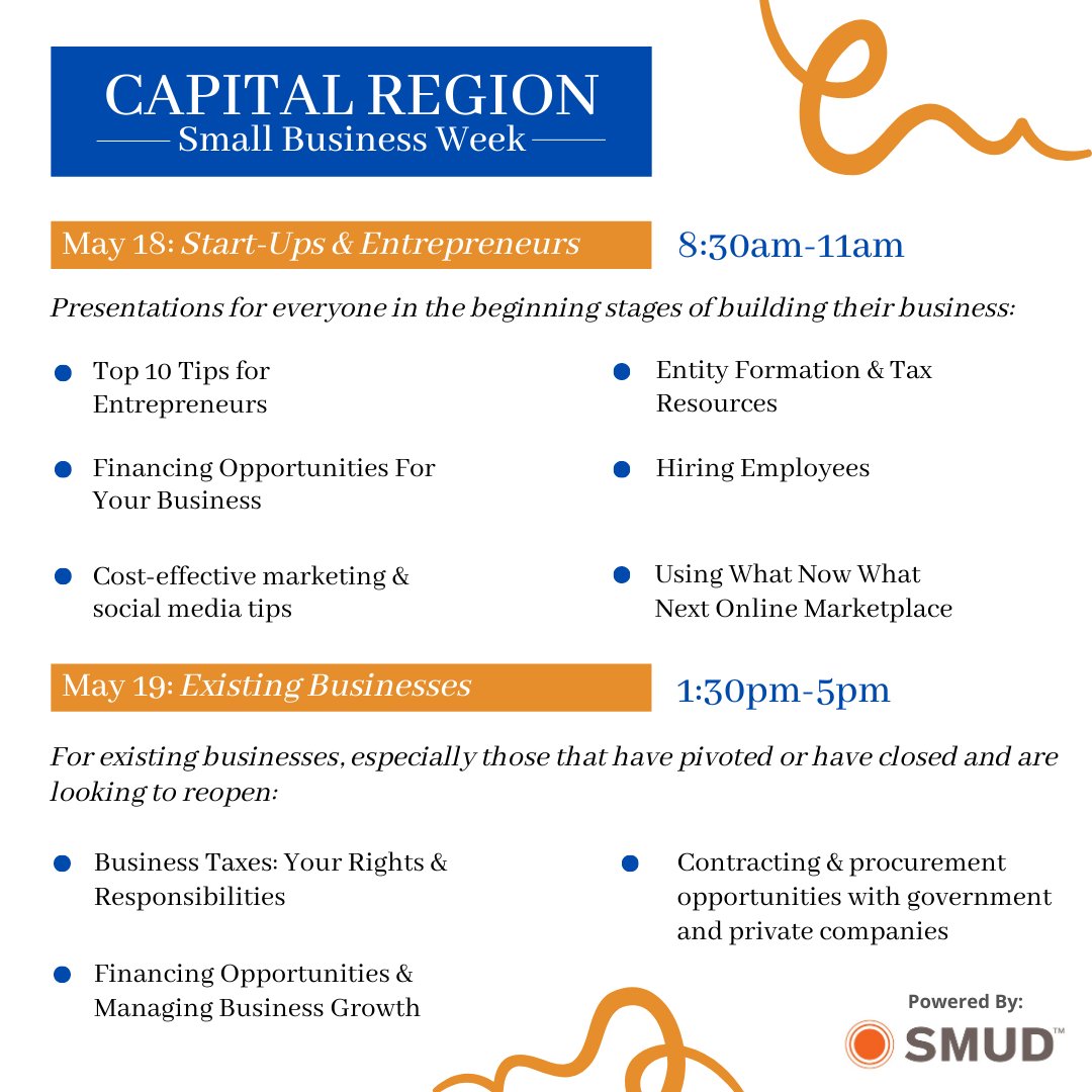 SacCoBiz's tweet photo. There is still time to register for Capital Regional Small Business Week on May 18 and 19. Learn more and register today at https://t.co/oYZ7EwZGls. 
@CaCapitalFDC @SacCountyCA https://t.co/qZ2Gp3r0CZ