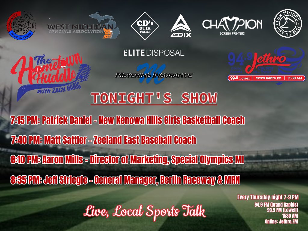 zach_harig's tweet photo. Another great show planned for tonight’s edition of The Hometown Huddle! ⚾️🏀🏁

Local sports talk about the guests &amp; their story.

Join us tonight from 7-9 PM on 94.9 FM in GR, 99.5 in Lowell or online: https://t.co/BYAbbyB008! https://t.co/Mmxa8BRH6i