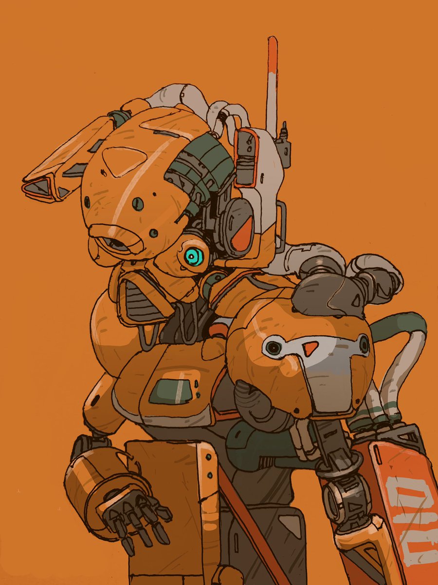 orange background solo robot science fiction cable no humans mecha  illustration images