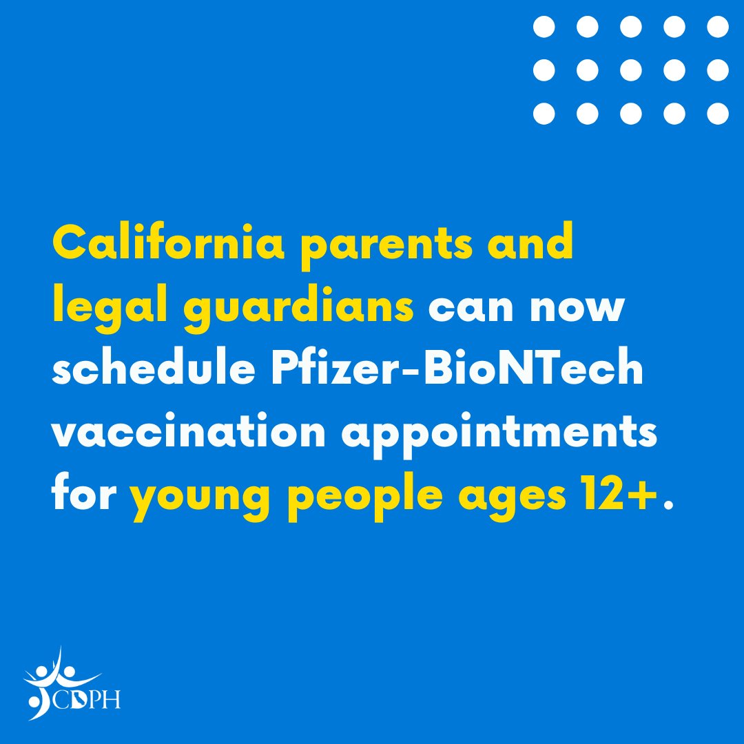 CAPublicHealth's tweet photo. The CDC vaccine safety review panel and the Western States Scientific Safety Review Workgroup concludes the Pfizer vaccine is safe and effective for young people ages 12+. Vaccination appointments are now available in #CA for this age group. Learn more: https://t.co/PXBxp6aZ6t https://t.co/ite0x8jeck