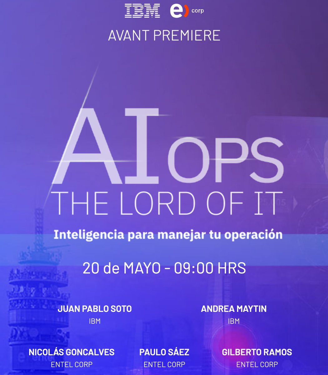 1charlesware's tweet photo. Este Jueves 20 de mayo | 9:00 hrs.
Entel junto a @IBMdeChile te invitan a conocer cómo introducir inteligencia artificial en tus operaciones IT.
¡No te lo pierdas!

https://t.co/GLetJZylFh
#IBMAiops https://t.co/HvCQiNppEL